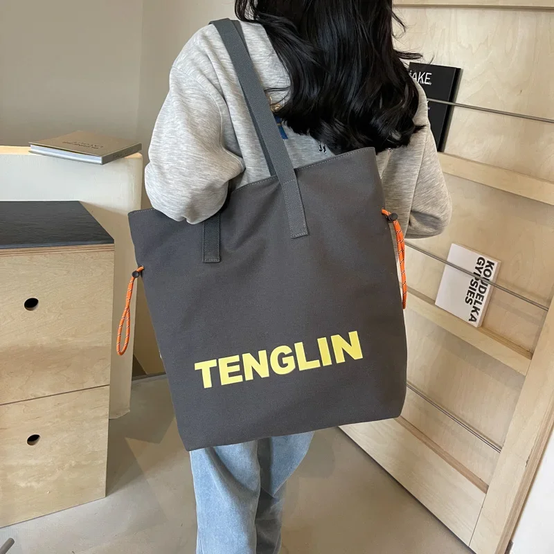 

Korean Version of Canvas Simple Handbags Casual Large-capacity Printed Canvas Bag 2024 New Fashion Drawstring Shoulder Bag