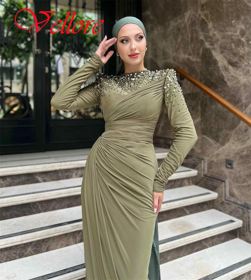 

Customized Delicate Green Jersey Evening Dress Exquisite Crew Neck Long Sleeves Cocktail Dress Classic Zipper Back Prom Dress