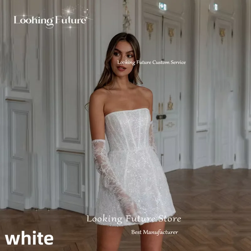 Simple A-Line Mini White Wedding Dress Sexy Strapless Formal Pleat Shiny Sequined Sleeveless Vintage Backless Short Customized