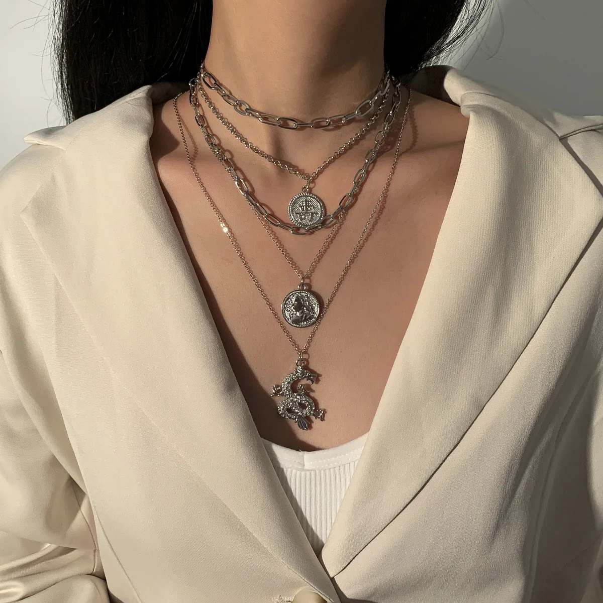 Necklace High Quality Alloy Retro Multi Layer Dragon Rhinestone Figure Shou Character Geometric Pendant for Women Daily Chic
