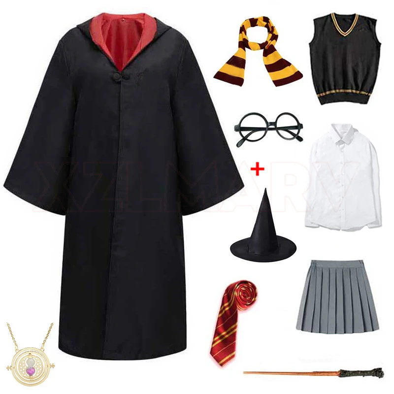 Hogwarts Cosplay Magic School Robes Cos Halloween Cape Adult Kids Costume Women Men Wizard Hat Tie Scarf Slytherin Rons Gifts