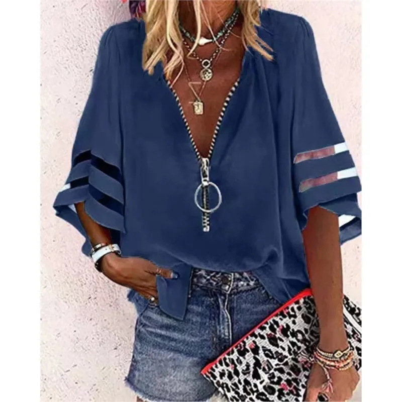 Summer Solid Shirt Elegant Women Lace Patchwork Flared Sleeve Mesh Blouse Women Zipper V-Neck Loose Casual Top Streetwear Female