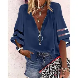 Summer Solid Shirt Elegant Women Lace Patchwork Flared Sleeve Mesh Blouse Women Zipper V-Neck Loose Casual Top Streetwear Female