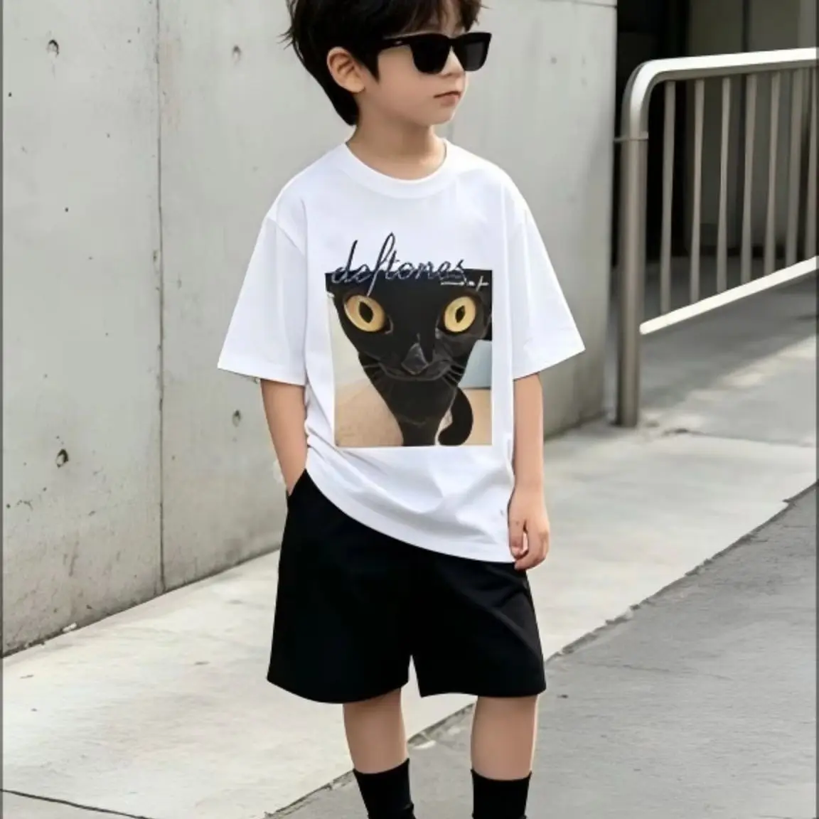Cute Black Cat Square Photo Graphic T-Shirt, Vintage Pet Animal Print Crew Neck Tee, Loose Casual Grunge Aesthetic Short Sleeve