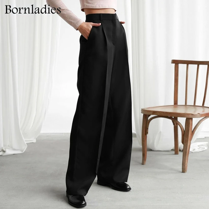 Bornladies Pleated Elegant Wide Leg Pants Women High Waist Floor-Length Palazzo Trousers With Pocket Fashion Lady Office Pants