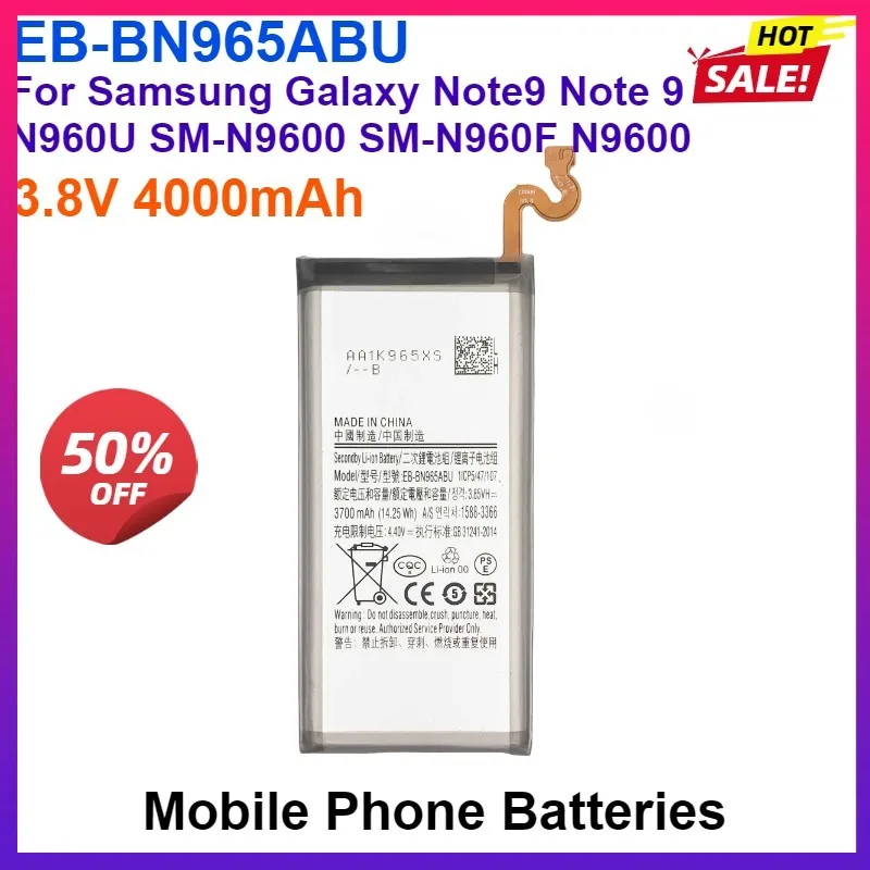 100% NEW EB-BN965ABU Battery 3.8V 4000mAh for Samsung Galaxy Note9 N960U/N9600/N960F/N965F SM-N9600 SM-N960F Replacement Battery