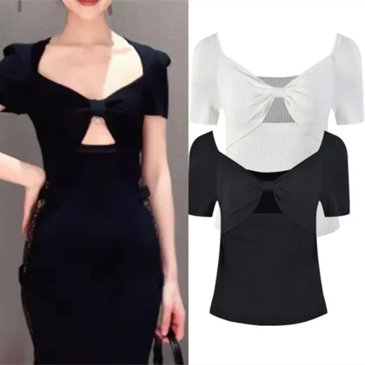 

Ele European Sle ort Sve футболка сексуальный черный вязаный топ с квадратным воротником и узлом для женщин летний сладкий...