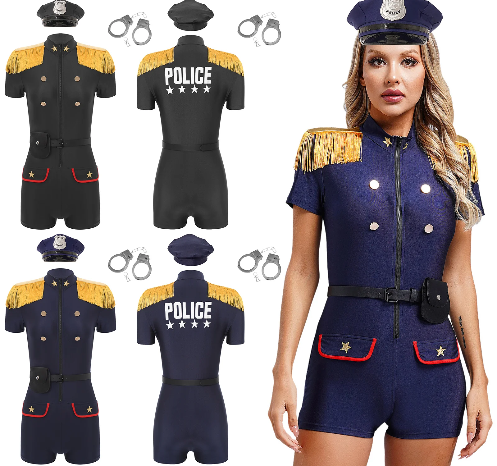 Costume cosplay da poliziotta poliziotta da donna, festa a tema, uniforme della polizia, set, spalline con nappe, bottoni dorati, tuta da gioco di ruolo