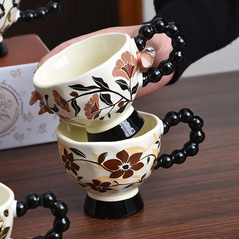 

Retro Rose Flower Goblet Black Bead Big Handle Cup Girlfriend Drinking Water Ceramic Mug Premium