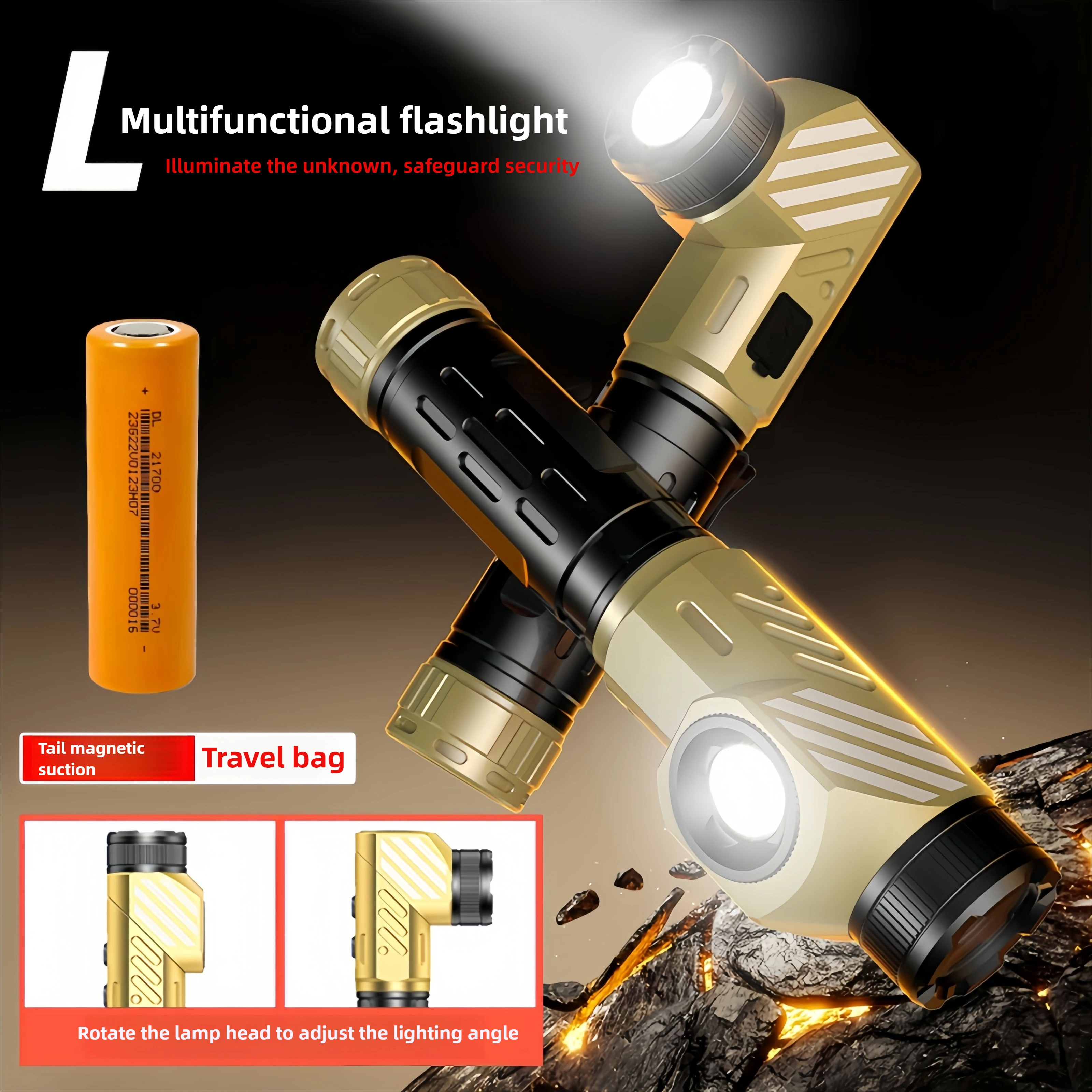 L-Shaped Aluminum Alloy Work Light 21700 Rechargeable COB Side Light Portable Flashlight Multifunctional with Pen Clip