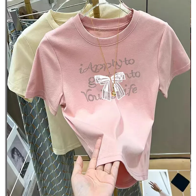 Hot Fix Rhinestone Letter Short Sleeve T-shirt for Women 2026 Summer New Korean Style Tops Bow Print Loose Pullover Pink Tees