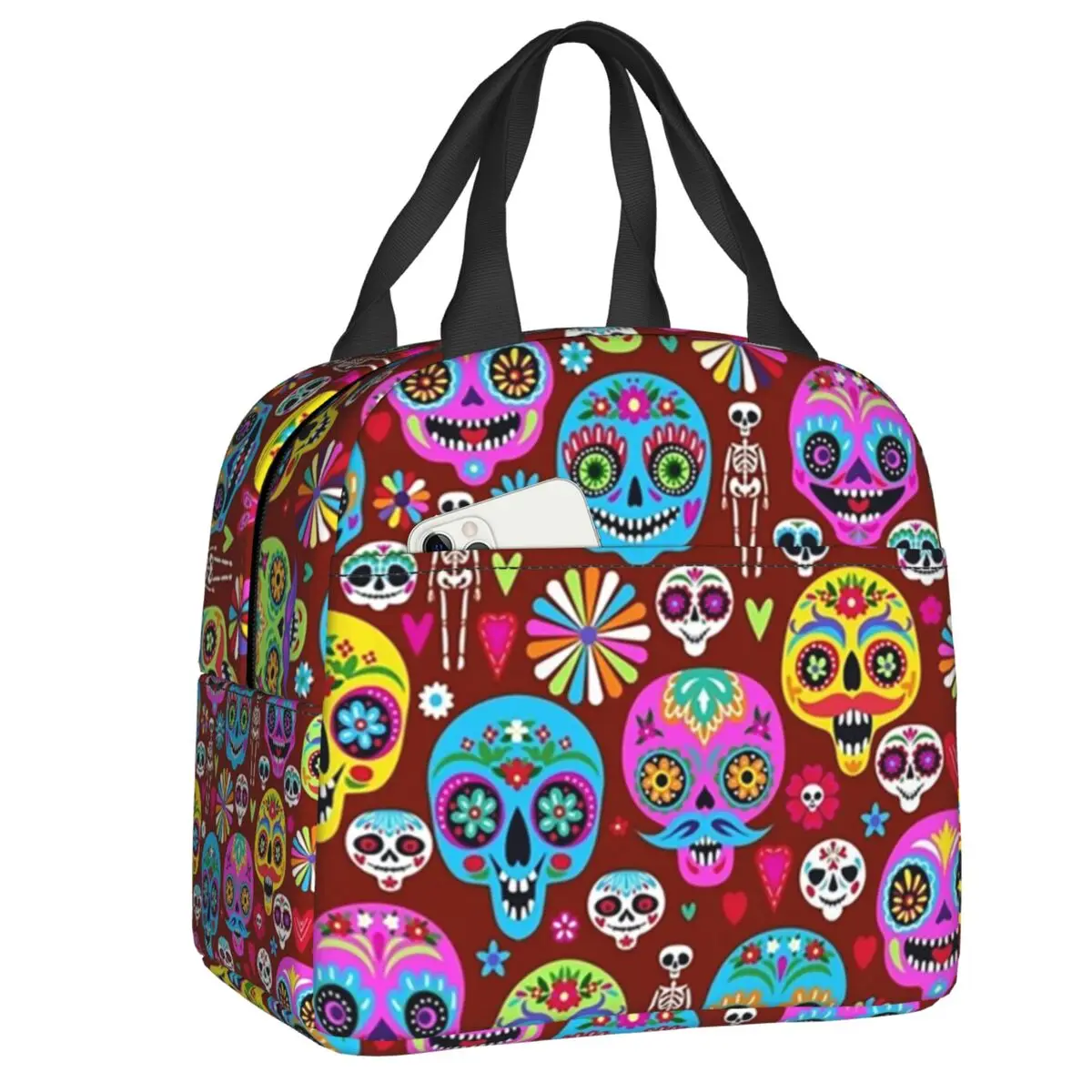 

Cute Day Of The Dead Sugar Skull Lunch Boxes Women Halloween Thermal Cooler Food Insulated Lunch Bag Kids School Children