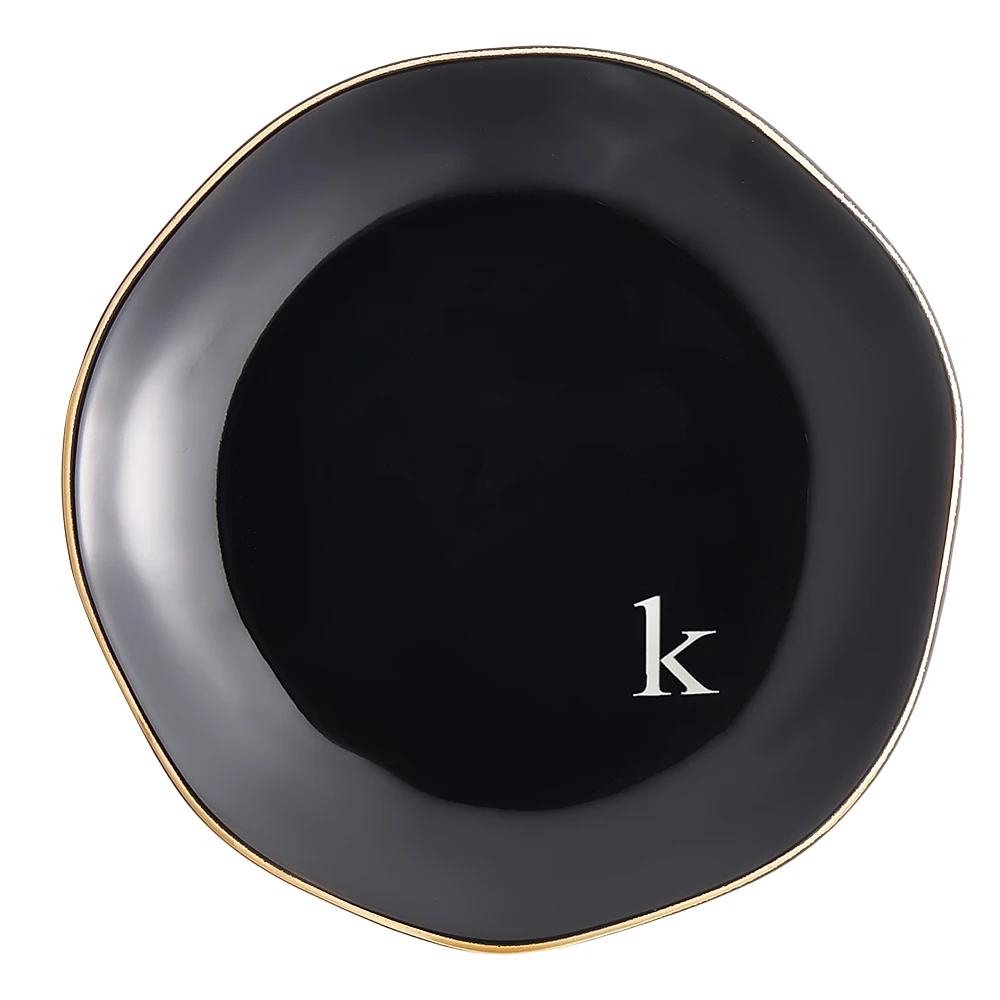 Porcelain Jewelry Tray Black Letter K Irregular Round Jewelry Tray Plate for Ring Earring Bracelet Necklace Storage Display Home
