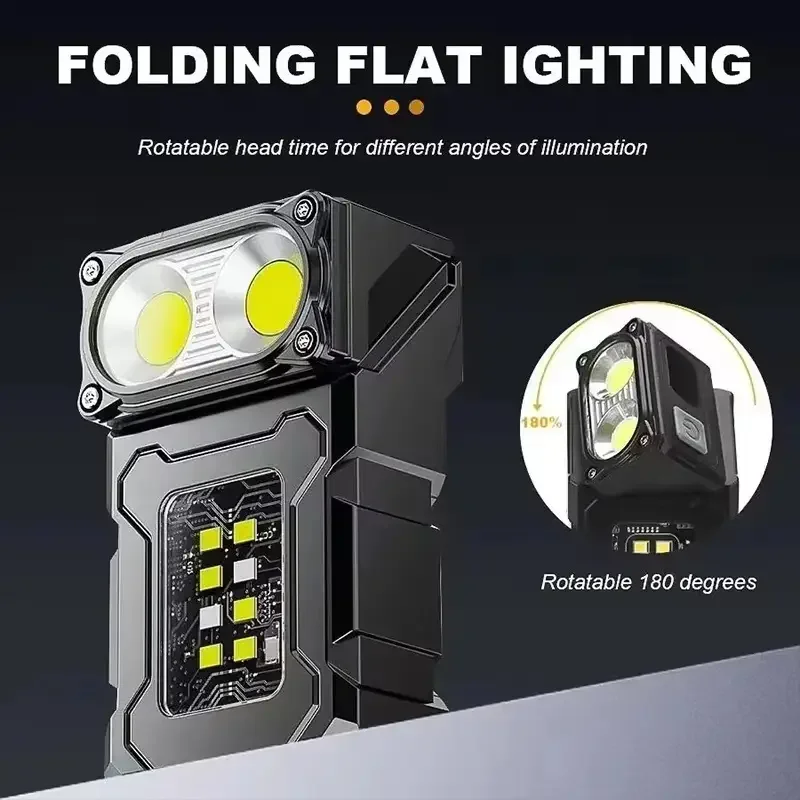 COB LED Rechargeable Flashlight 8 Modes Work Light 180° Rotating Mini IPX45 Waterproof EDC Flashlight Car Repair, Emergencies
