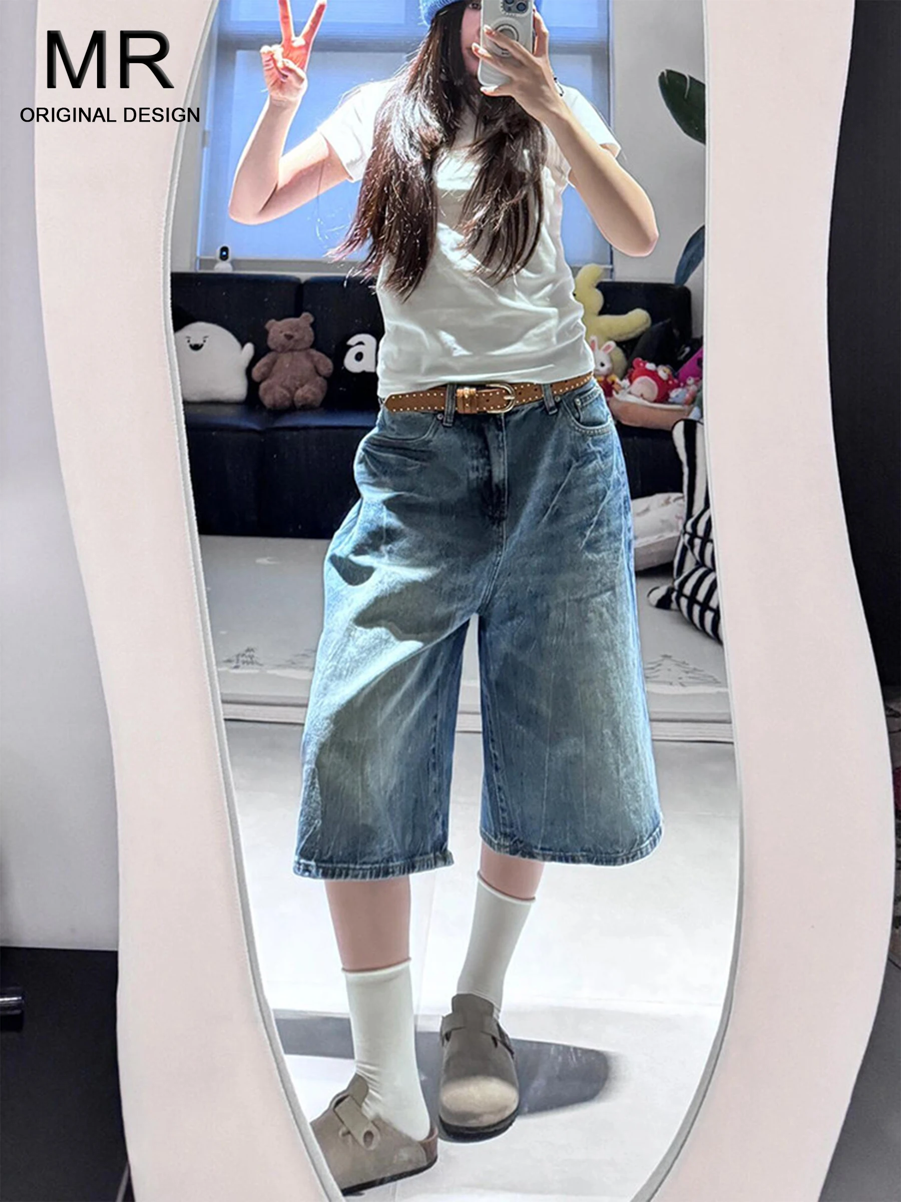 

Женские летние джинсовые шорты с эффектом потертости, новые, в американском ретро-стиле, свободные, широкие, прямого кроя, средней длины, с высокой талией, с карманами, повседневные