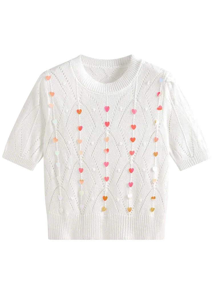 

Вязаный женский топ JZZDEMM с коротким рукавом, блестящими пайетками в виде сердец, ажурным узором, в стиле ретро, для повседневной носки, приталенный крой.