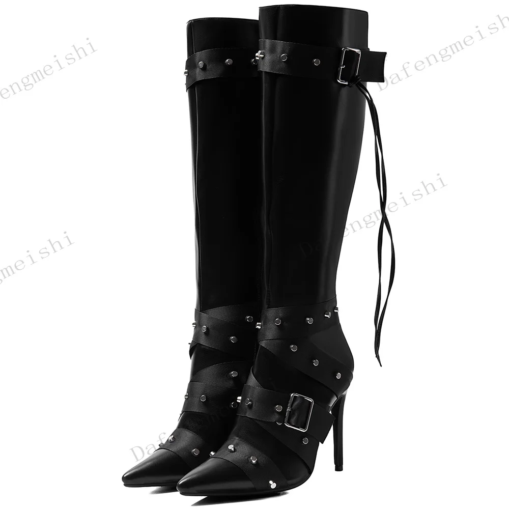 Black Leather Rivet Buckle Strap Knee High Boots Pointed Toe Stiletto Heels Back Lace Up Women Punk Gothic Street Fashion Boots