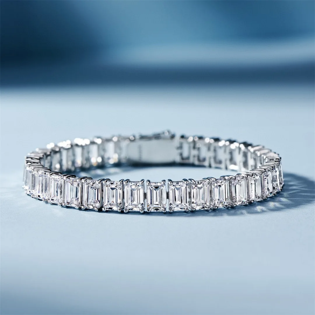 Light Luxury Full Circle Diamond Bracelet S925 Silver 50 Points Emerald Cut Simulation Diamond Bracelet High-end Live Broadcast