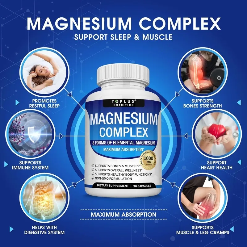 Magnesium Complex Capsules - Support Muscle, Bone, Heart Health, Improve Sleep, Stress & Anxiety Relief - Dietary Supplement