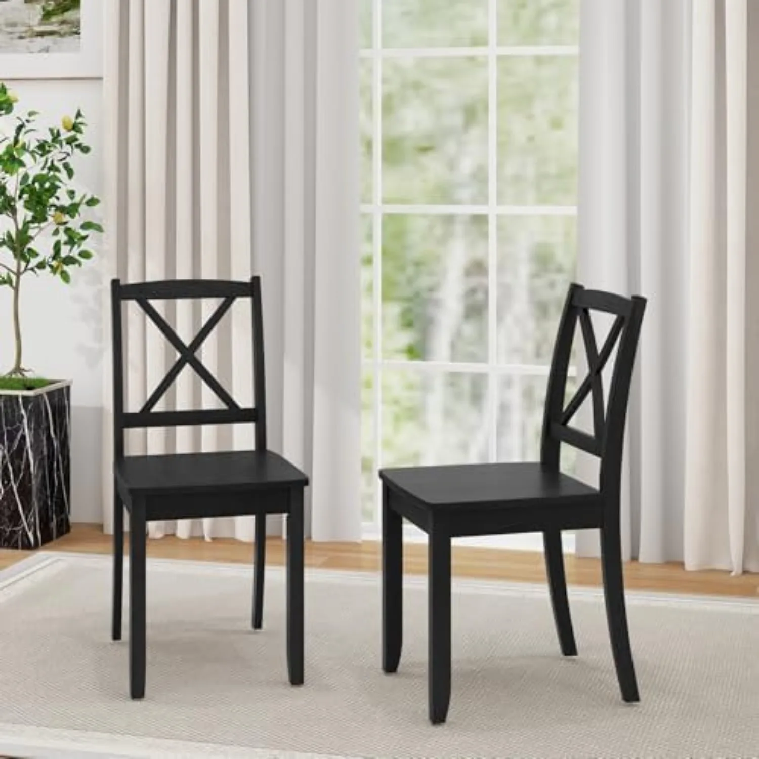 Wood Dining Chairs Set of 2, Armless Kitchen Chairs w/Rubber Wood Legs & Curved Backrest, Farmhouse Cross Back Diner