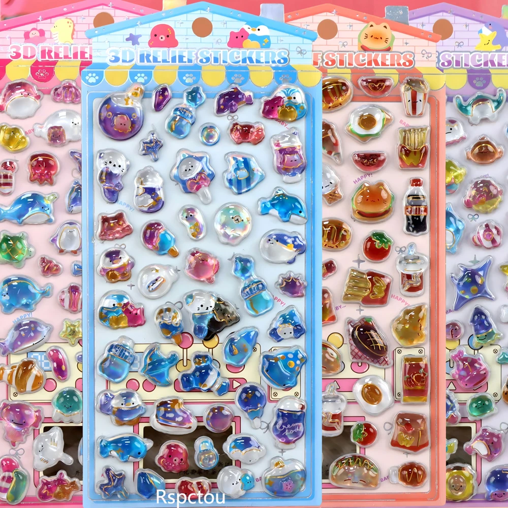 Cute Cartoon 3D Relief Stickers Marine Creatures Rabbits Dogs Crystal Decals Kawaii Decorative Phone Case Laptop Stationery