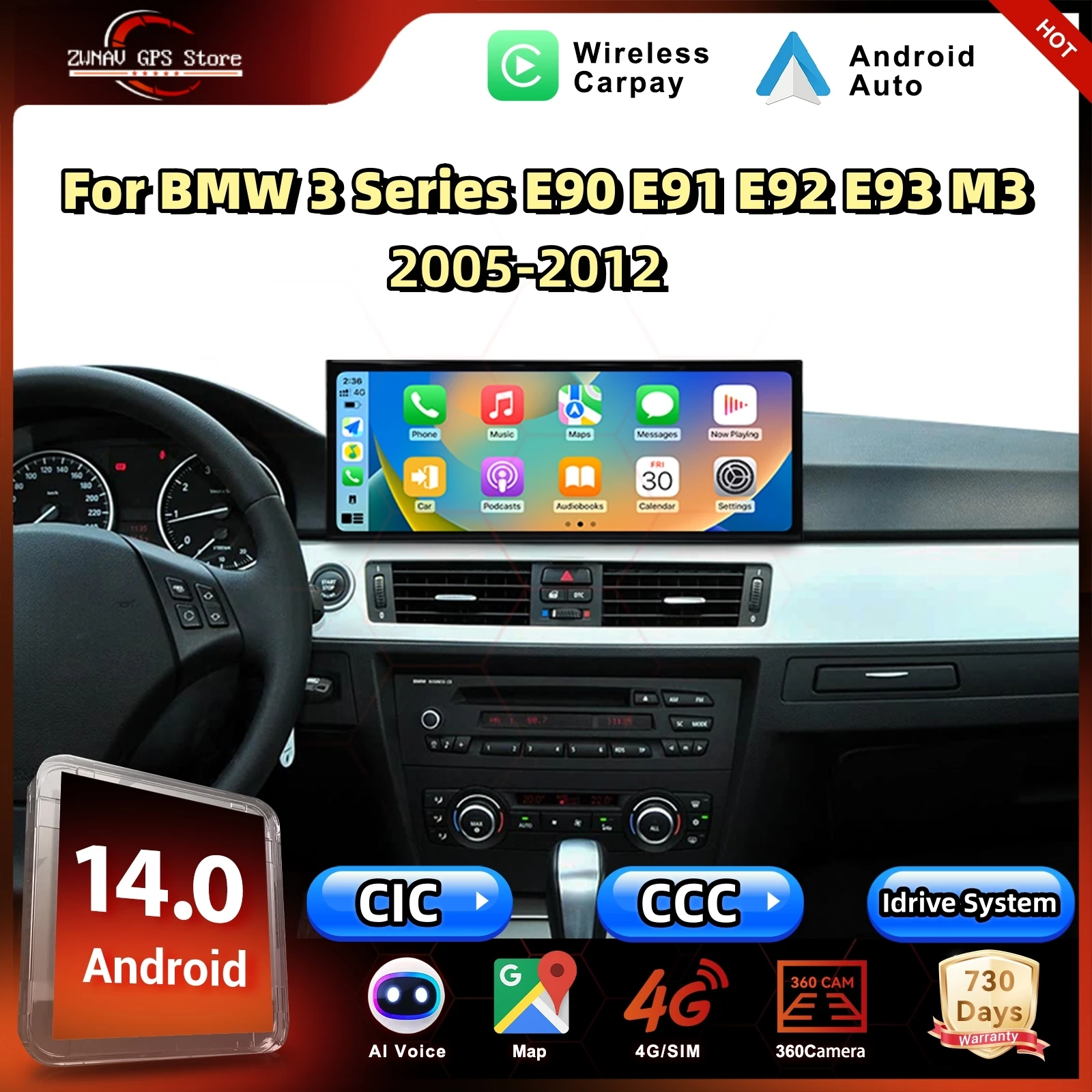 

ZWNAV 15.8'' Android 14 Car Radio For BMW 3 Series E90 E91 E92 E93 CIC CCC System 8-Core 12+256GB Wireless CarPlay Android Auto