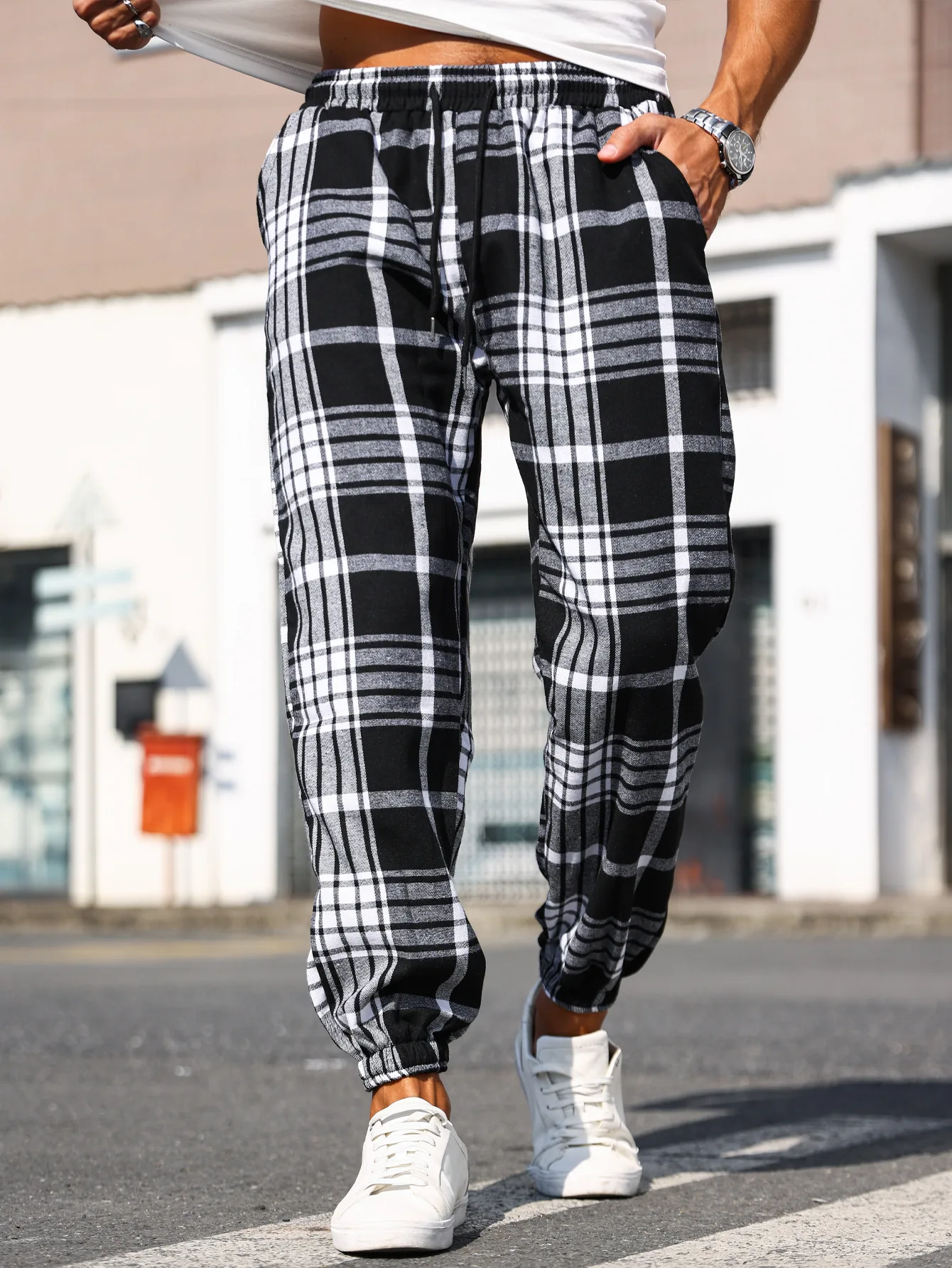 Men's Plaid Print Cuffed Casual Trousers Comfortable Sleepwear Pajamas Pants for Relaxed Style