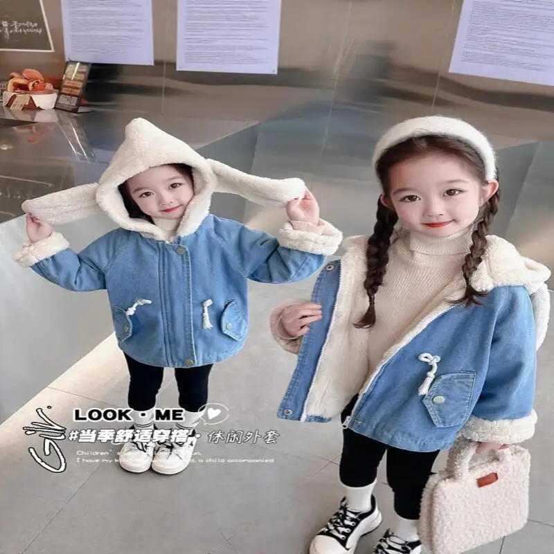 Kawaii Casual Coat Tops Girls' Thick Velvet Rabbit Ears Cowboy New Autumn Winter Children's Baby Western Style Girls' Clothing