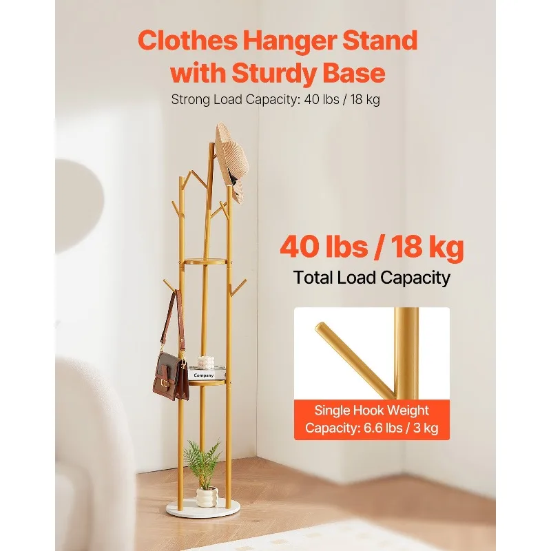 

Coat Rack Freestanding Coat Rack Stand with Quartz Stone Base & 9 Hooks