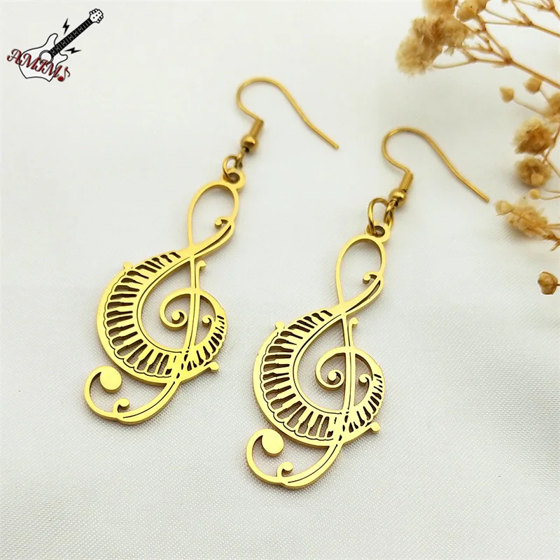 Music Note Treble Clef Earring Drops For Women Stainless Steel Gold Color Hollow Earrings Music Symbol Party Gift Jewelry E8598