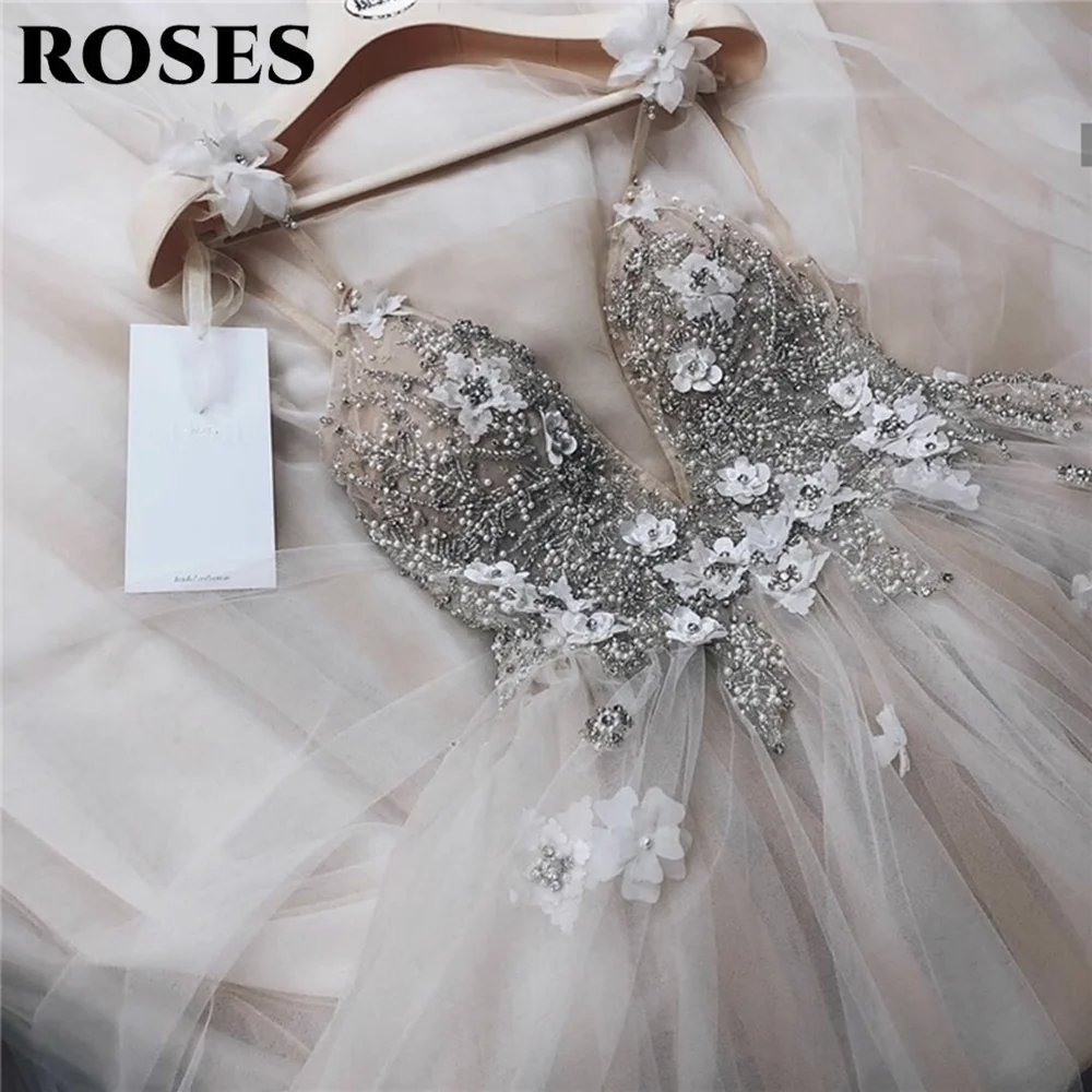 

ROSES Ivory Tulle Beaded Party Dress Vintage Applique Pleats Night Dresses Spaghetti Strap Celebrity Dress vestidos de fiesta