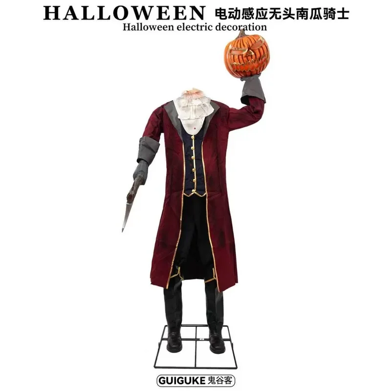 Large Mechanical Headless Horseman Halloween Prop Outdoor Standing Ghost Decoration Horror Atmosphere Induction Sensor