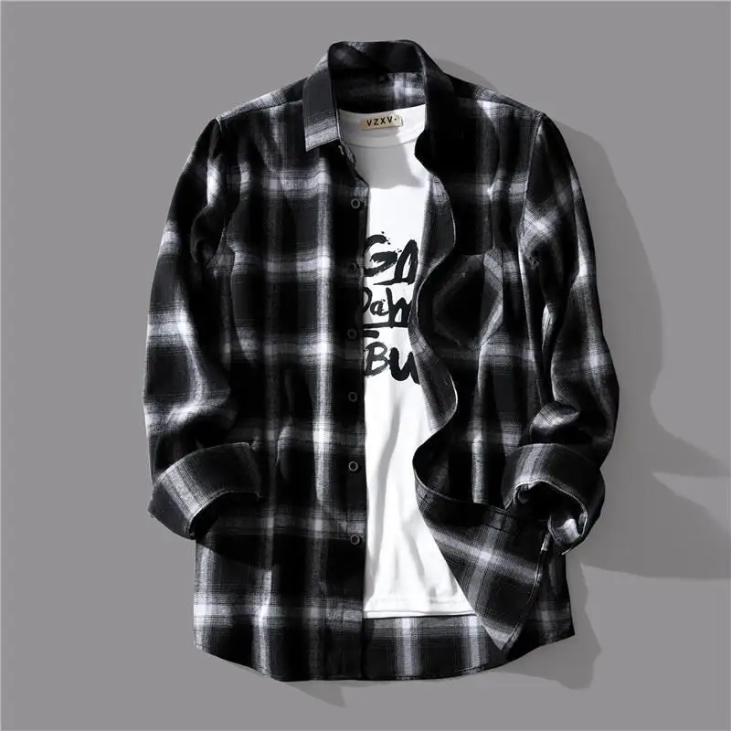 Autumn Japanese black and white checkered long sleeved shirt for men with a niche design Retro Hong Kong style loose fitting