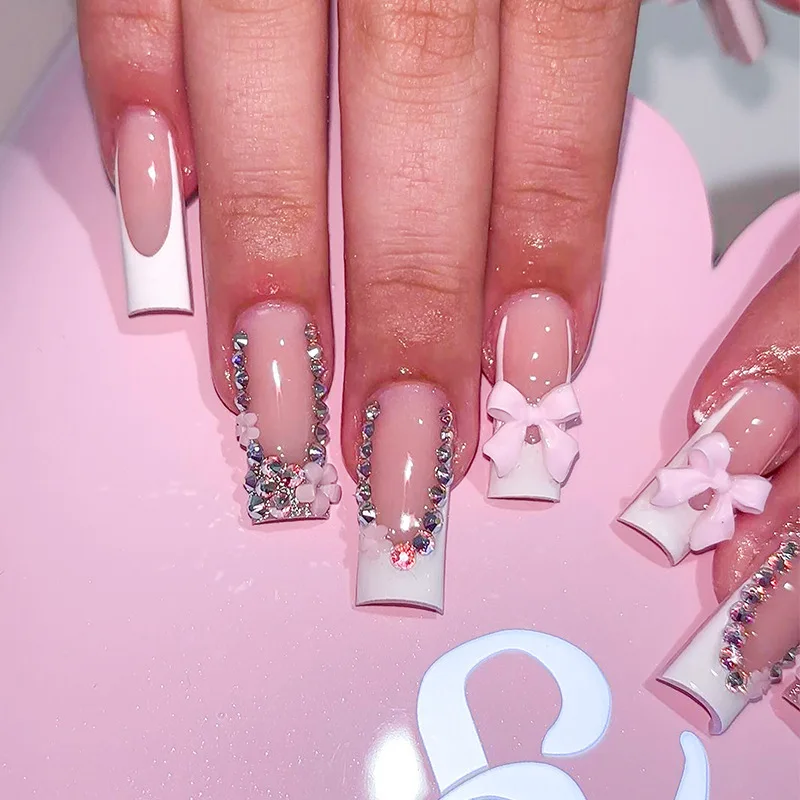 24Pcs Long Square Head Nails Set Press on White French 3D Bow Design False Nails Rhinestone Wearable Full Cover Fake Nails Tips