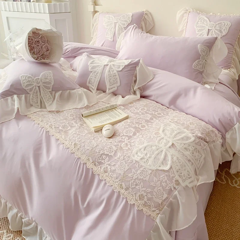 

Korean Princess Bedding Set Lace Bow Beauty Solid Color Lace Ruffle Quilt Cover Luxury Girls Wedding Home Textiles Duver Cover