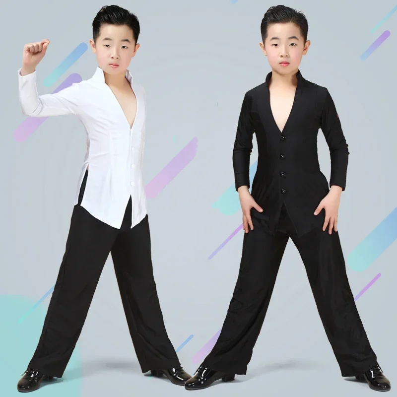 Nieuwe Jongens Latin Dance Kostuum Lange Mouwen Shirts Zwarte Broek Kids Cha Cha Ballroom Dance Wear Latin Competitie Outfit Bl8411