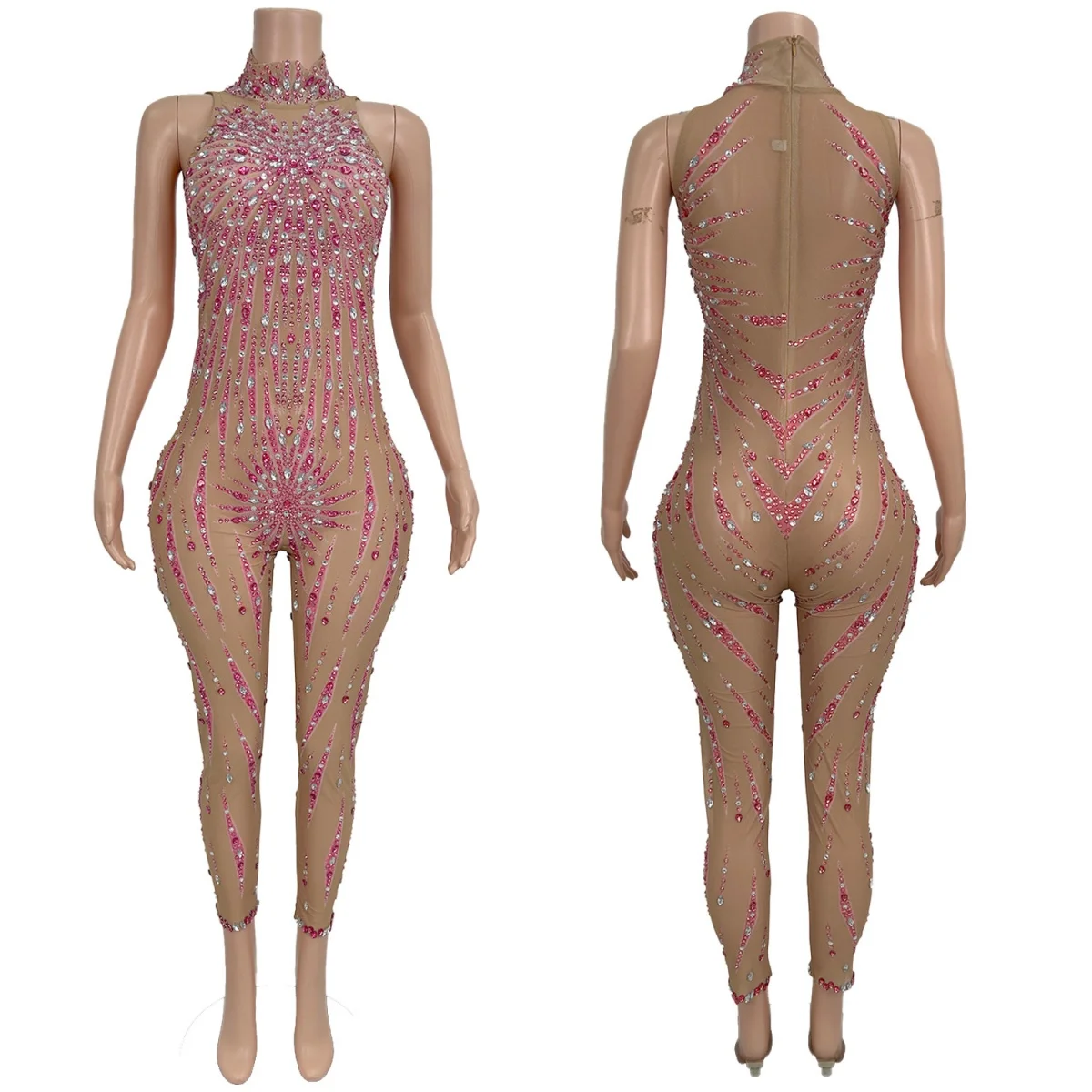 

High-end Streamer Theme Party Night Out Outfit Sparkly Rhinestone Tight Fitting Jumpsuit See Through Mesh Show Sexy Wear Fengye