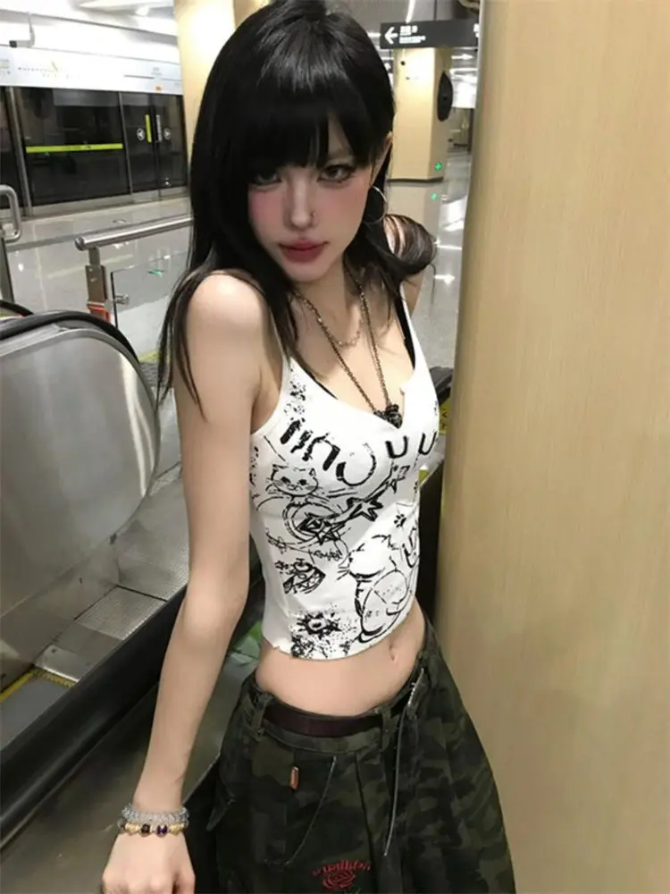 Kimotimo Spicy Girl Graffiti Letter Printed Tank Top Sexy Sleeveless Slim Versatile Short Vest Summer New Y2k Aesthetic Camisole