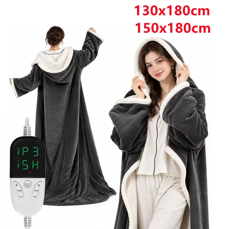 Wearable Heated Blanket with Foot Pockets Sleeves 6 Heat Levels10-Hour Timer Thickened Electric Robe Throw for Home Office Use