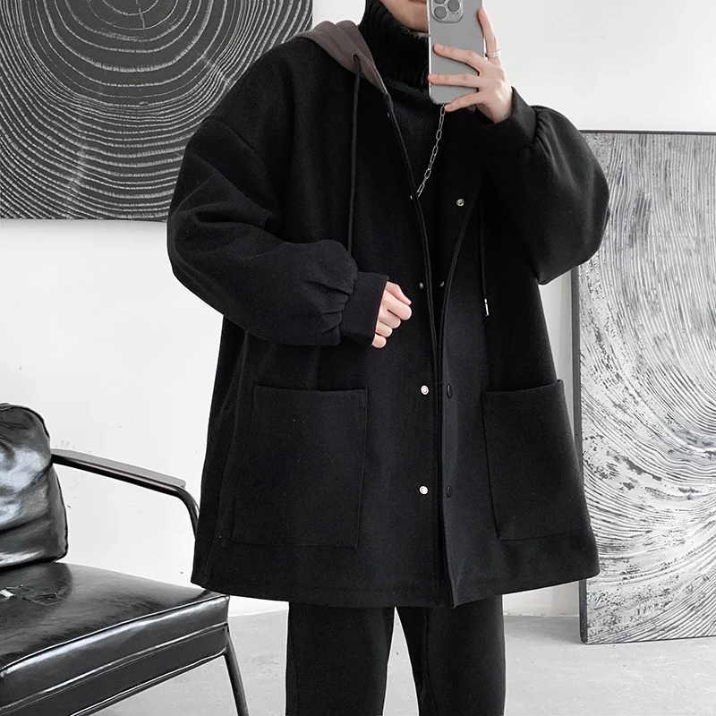 

Мужское шерстяное пальто с хлопковой подкладкой, с капюшоном, утепленное, зимняя верхняя одежда, свободный крой, в корейском стиле, теплое, повседневное, длинное пальто-свитер