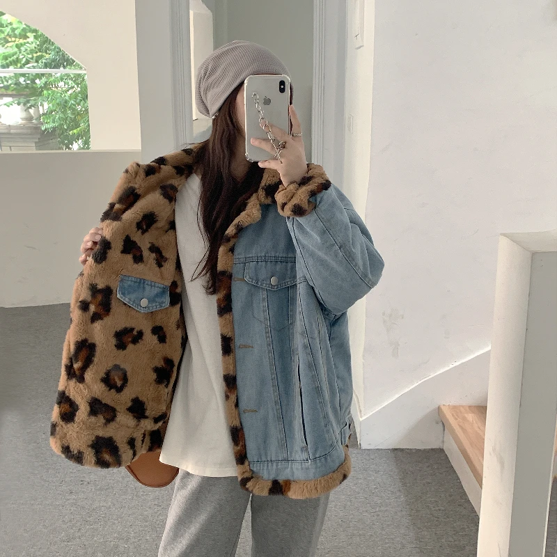 Autumn and Winter Cotton Retro Style Double-sided Wearable Plus Plush Thick Women\'s Leopard Print Denim Jacket Jacket Loose Fit