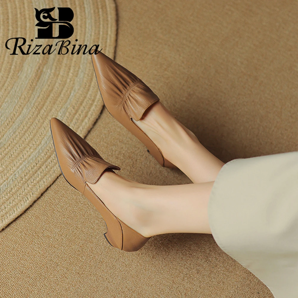 

RIZABINA Genuine Leather Women Pumps Pointed Toe Slip On Low Heel Pumps Ladies Retro Pleated Design Daily Office Shoes Handmade