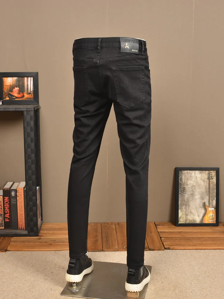 2023 New Black Ripped Jeans Men's Autumn and Winter Fashion Design Patch Stretch Casual Slim Fit Tapered Pants