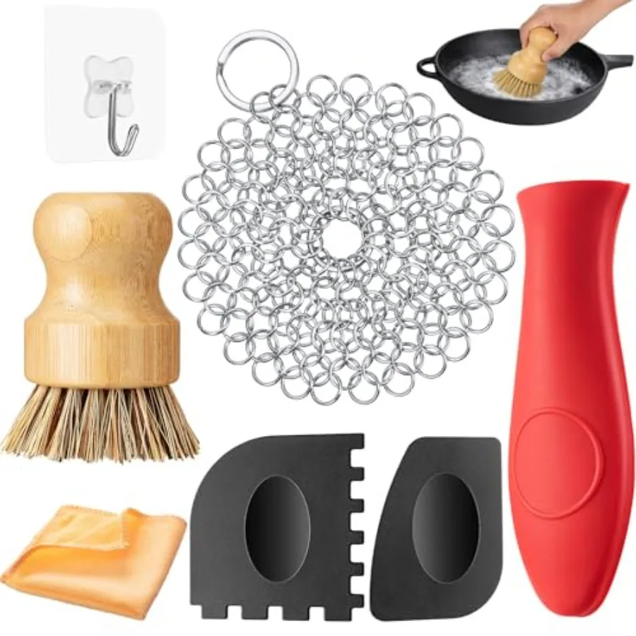 

7 Pieces Cast Iron Cleaner Set Include Stainless Steel Chainmail Scrubber with Bamboo Dish Scrub Brush Hot Handle Holder 2 Pan
