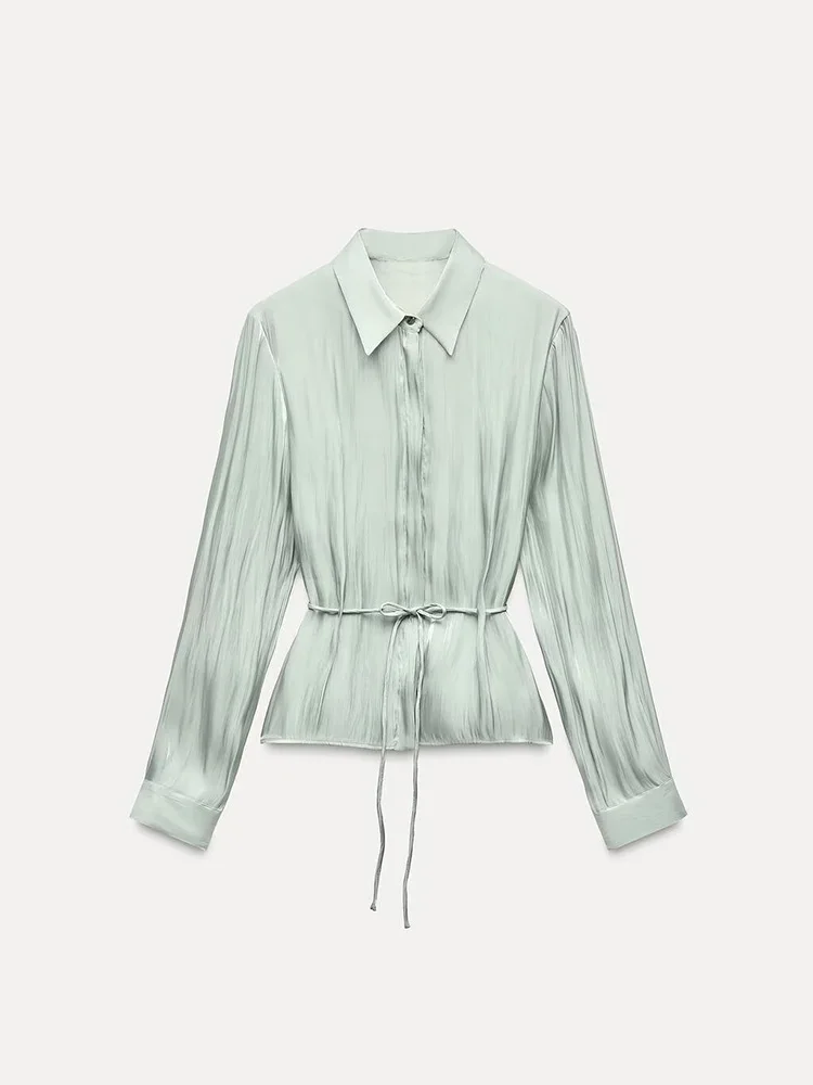 Csa Fena de Manga Longa Nova Coleção Primavera ZA2025 com Efeito Fla, Cintura Ajustável com Cordão, Estilo Casual, C...