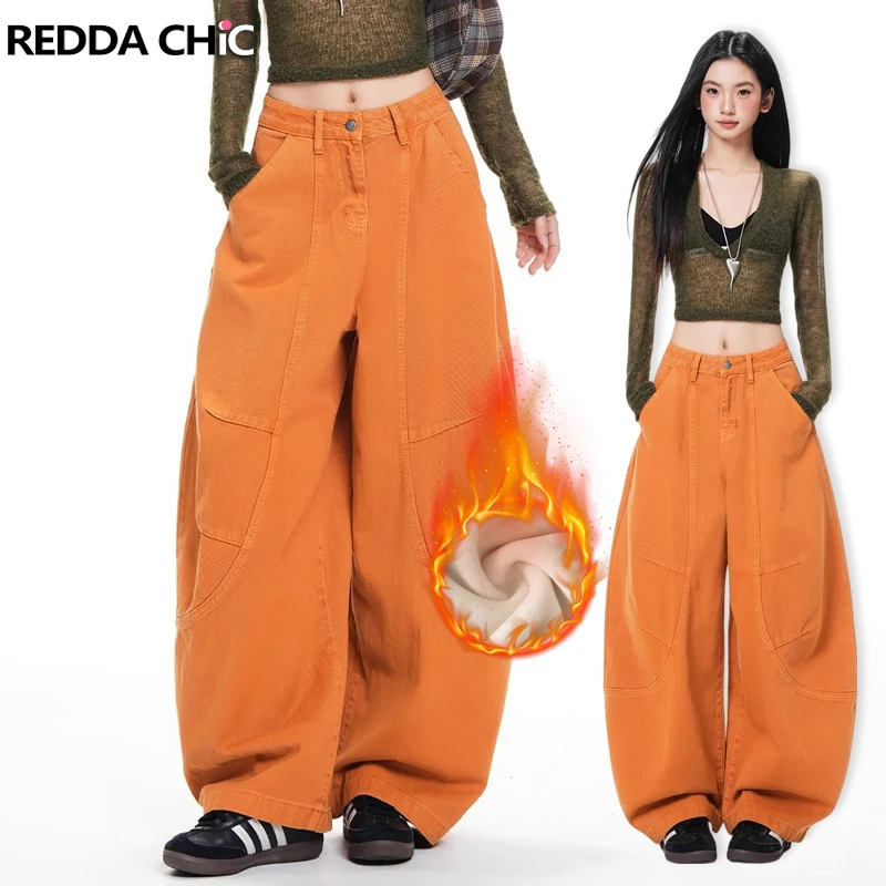 

REDDACHiC зимние джинсы-бойфренды на флисовой подкладке со швом в стиле пэчворк, свободный крой, повседневные широкие брюки с низкой талией, винтажная уличная одежда