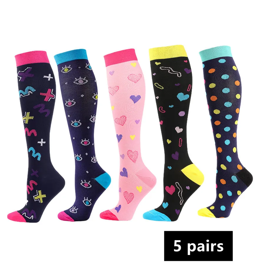 5pairs Moisture Wicking Printed Compression Socks Athletic Support Stockings For Running Yoga Basketball Training