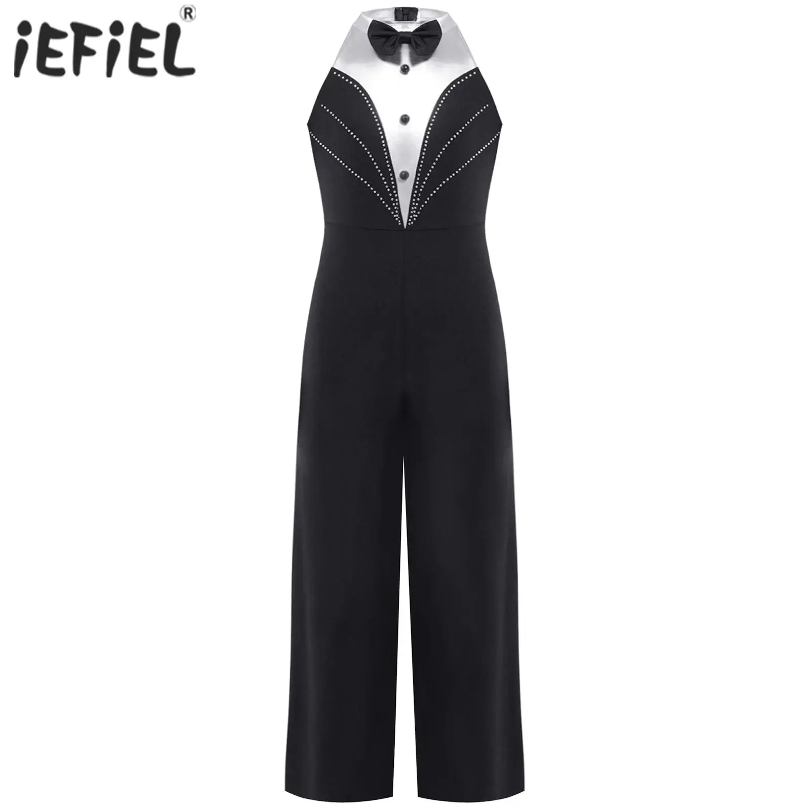 

Girls Modern Jazz Latin Costume Jumpsuits Rhinestone Color Block Sleeveless Bodysuit for Stage Performance Dance Competition