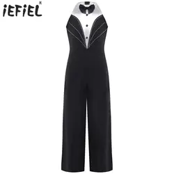 Girls Modern Jazz Latin Costume Jumpsuits Rhinestone Color Block Sleeveless Bodysuit for Stage Performance Dance Competition