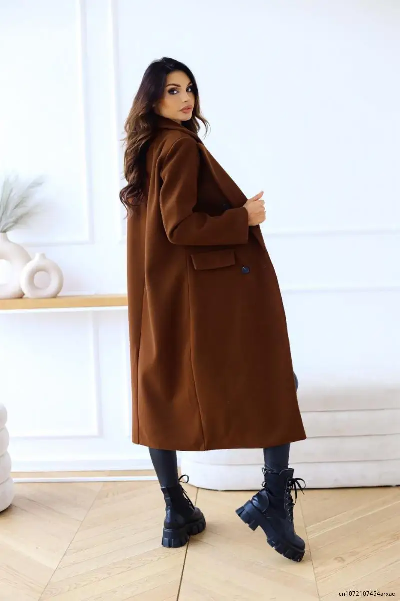 Adult Female Spring and Autumn New Simple Solid Color Lapel Collar Long Sleeves Coat Women Double Breasted Woolen Jacket